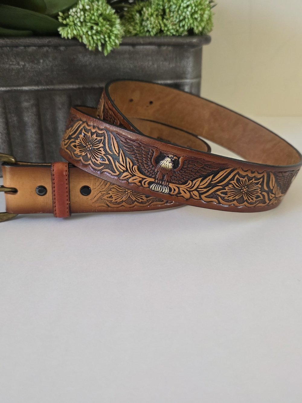 Vintage Tooled Leather American Eagle Belt USA Made Womens Size 36 Western - Picture 6 of 9